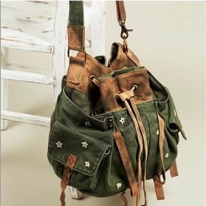 Free People Green and Brown Embroidered Bag